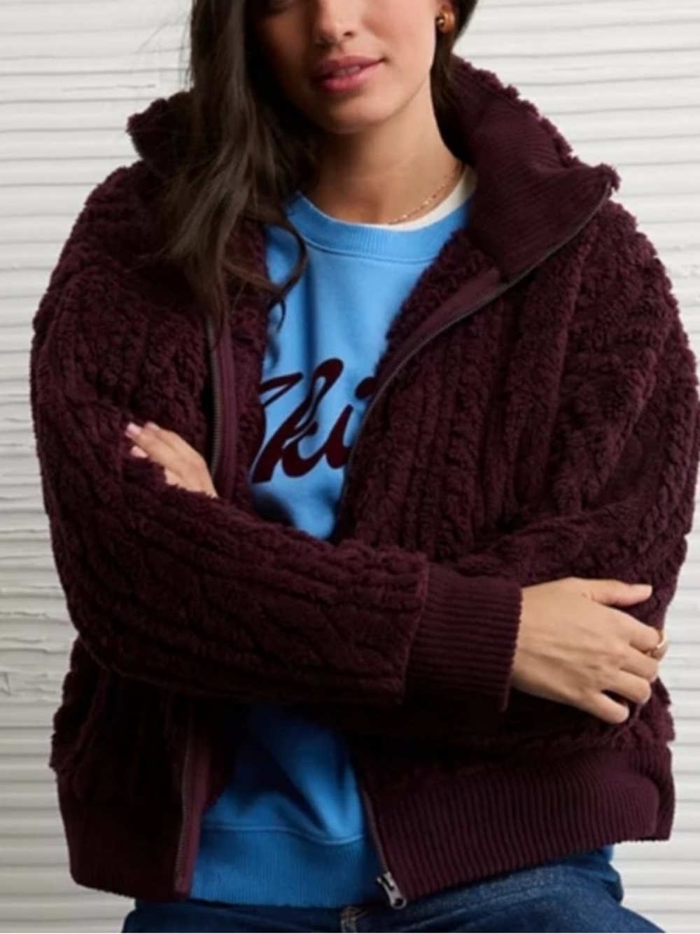 American Eagle Cable Sherpa Full Zip-Up Sweatshirt in Burgundy